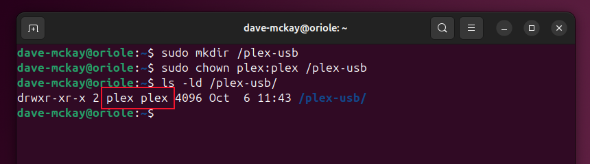 Creating a mount point called plex-usb that is owned by the plex user.