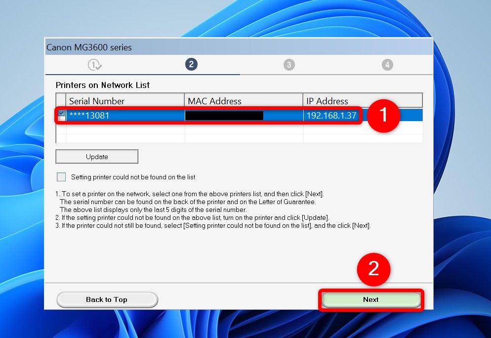 A wireless printer and 'Next' highlighted in the printer setup wizard.