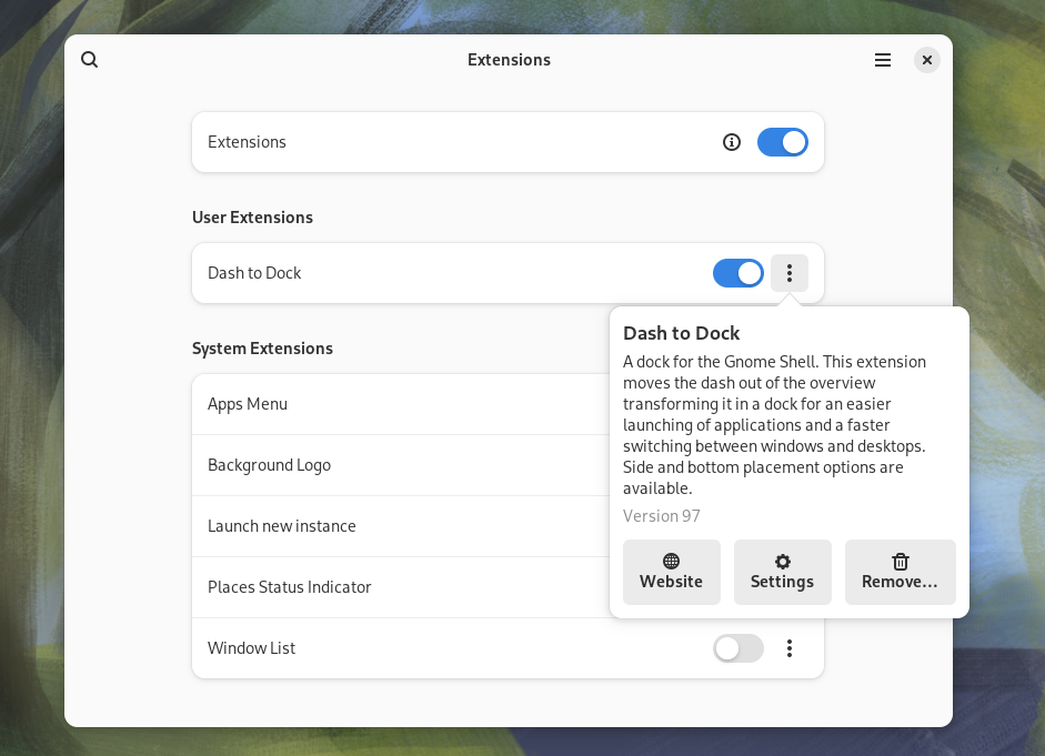 Accessing the Settings for the Dash to Dock GNOME extension.