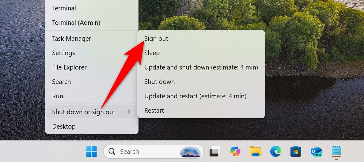 Shut Down or Sign Out > Sign Out highlighted in Power User Menu.