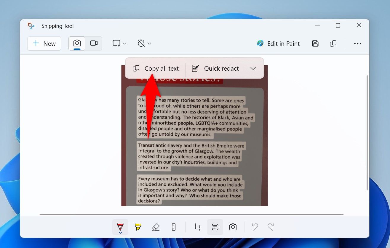 'Copy All Text' highlighted in Snipping Tool.