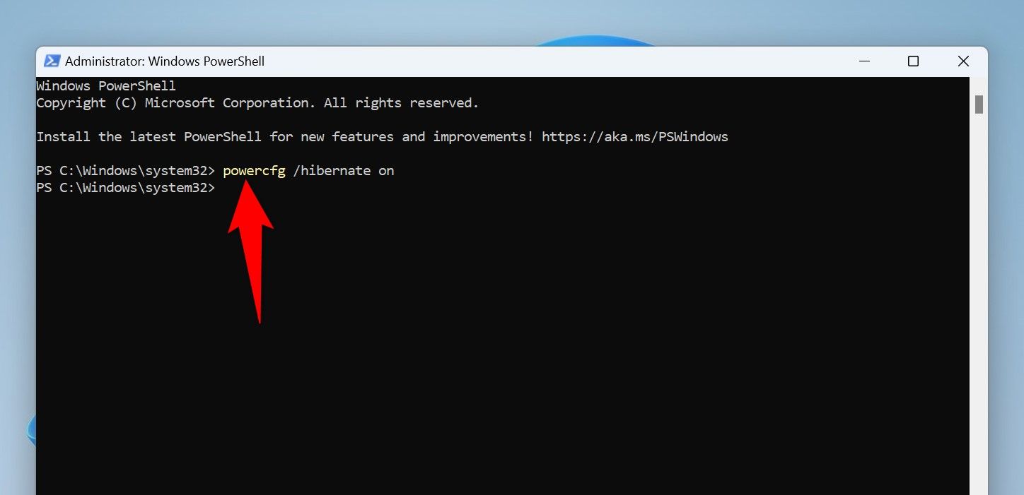 The command to enable hibernation typed in PowerShell.