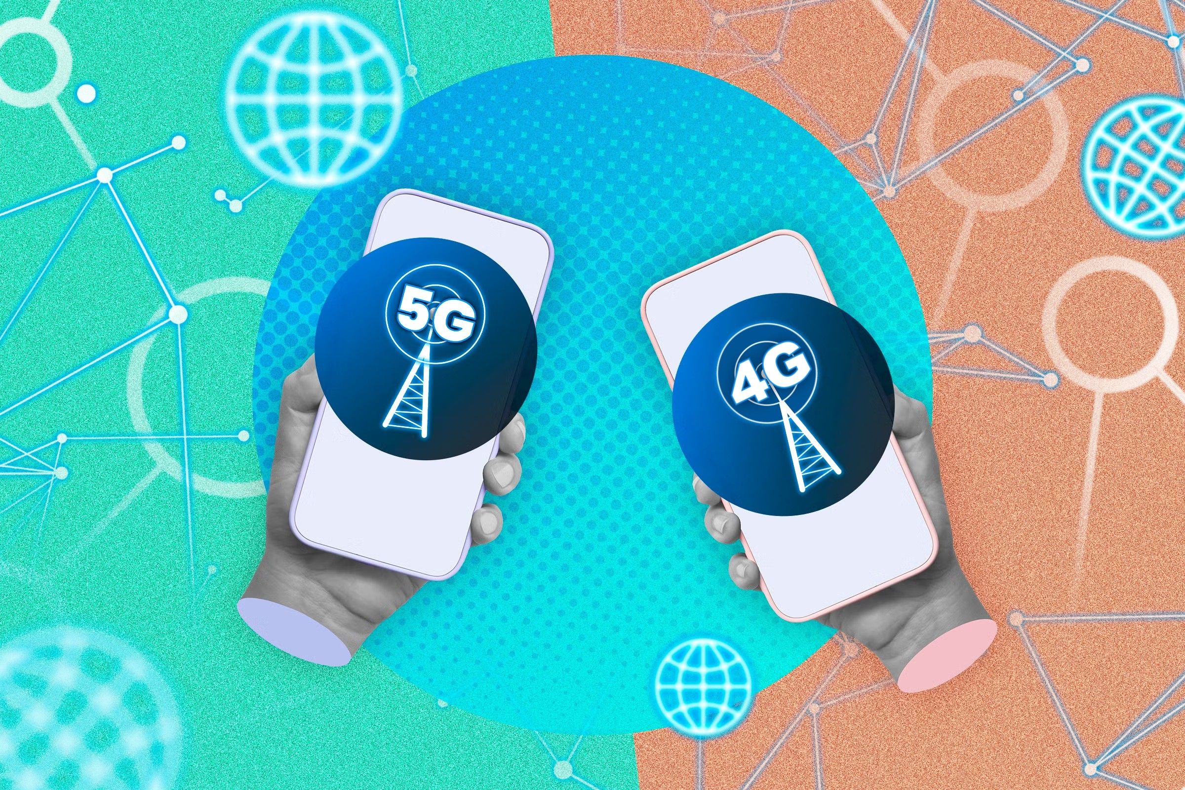 Two hands holding phones, one displaying a 5G image and the other showing a 4G image.