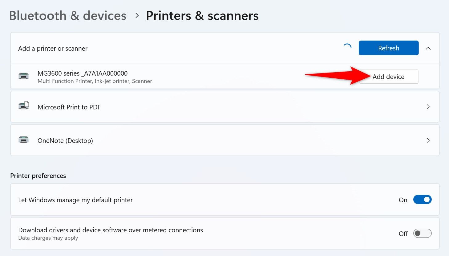 'Add Device' highlighted for a printer in Windows 11 Settings.