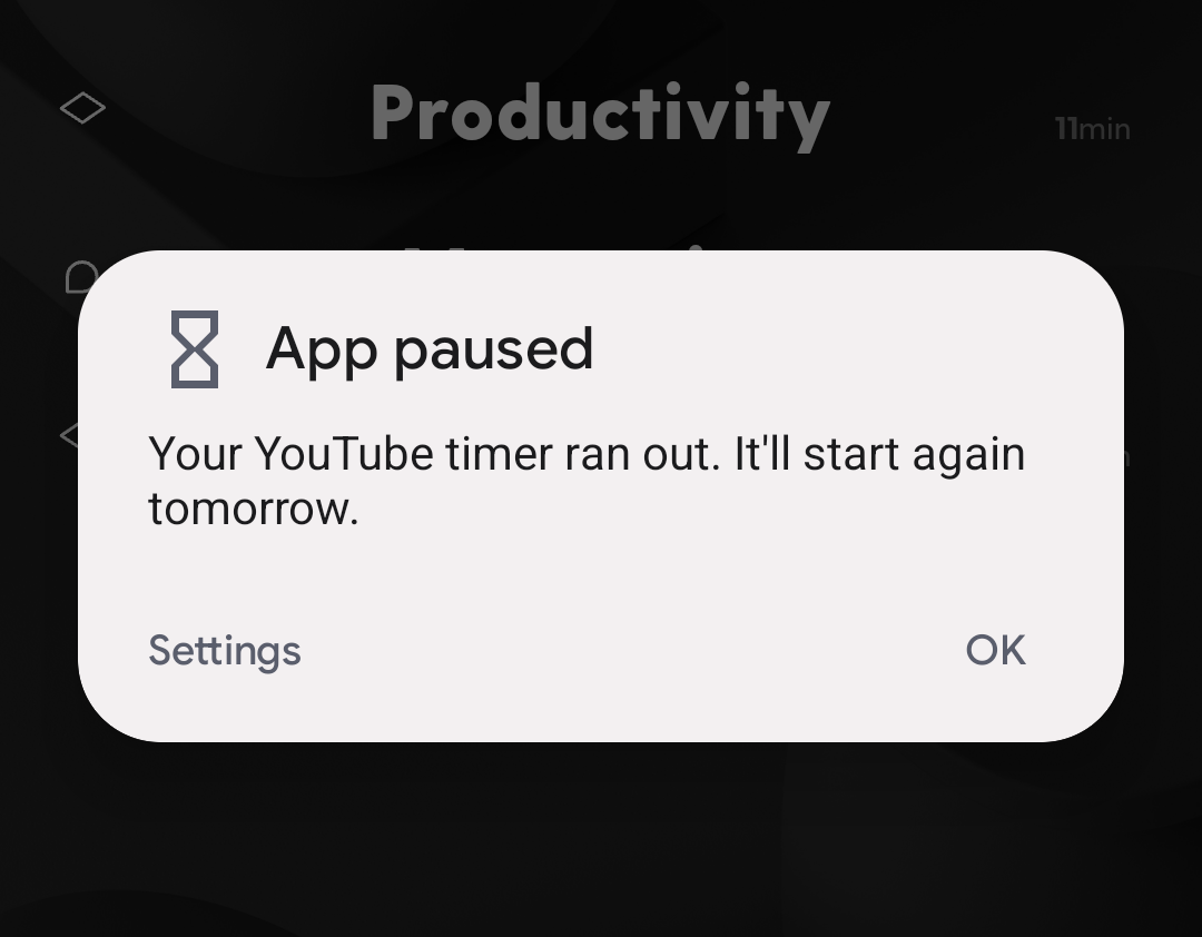 Android says App Paused as Usage Time Limit Reached