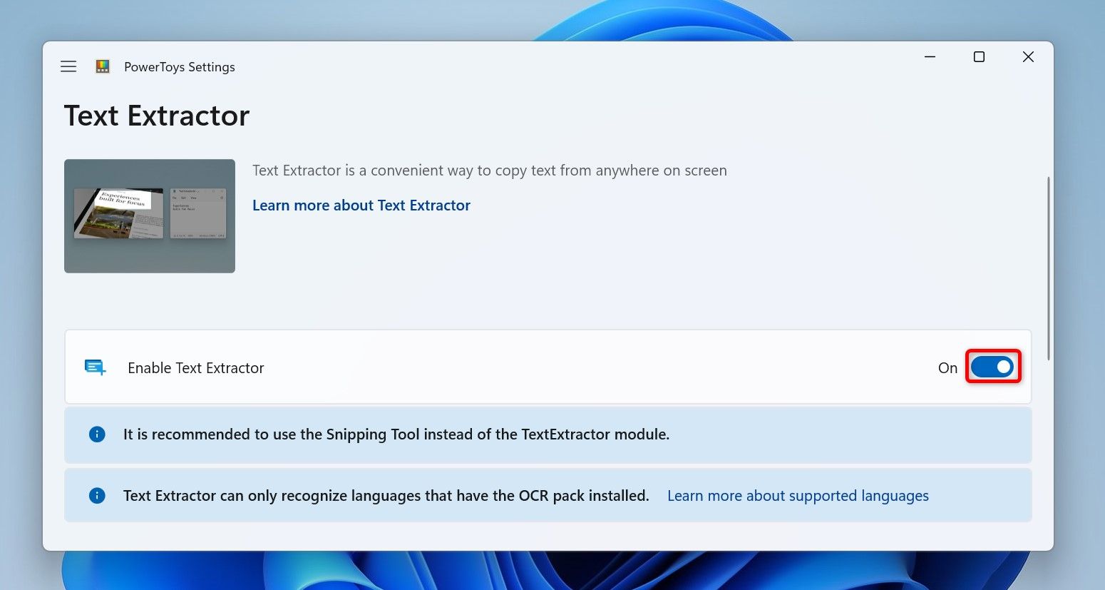 The 'Enable Text Extractor' toggle highlighted in PowerToys.
