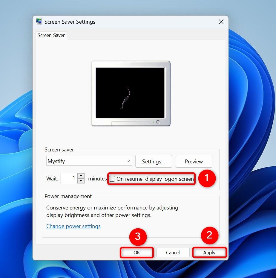 'On Resume, Display Logon Screen,' 'Apply,' and 'OK' highlighted on Windows 11's 'Screen Saver Settings' window.