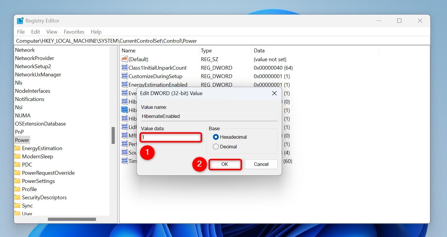 Modifying the Windows registry to enable hibernation.