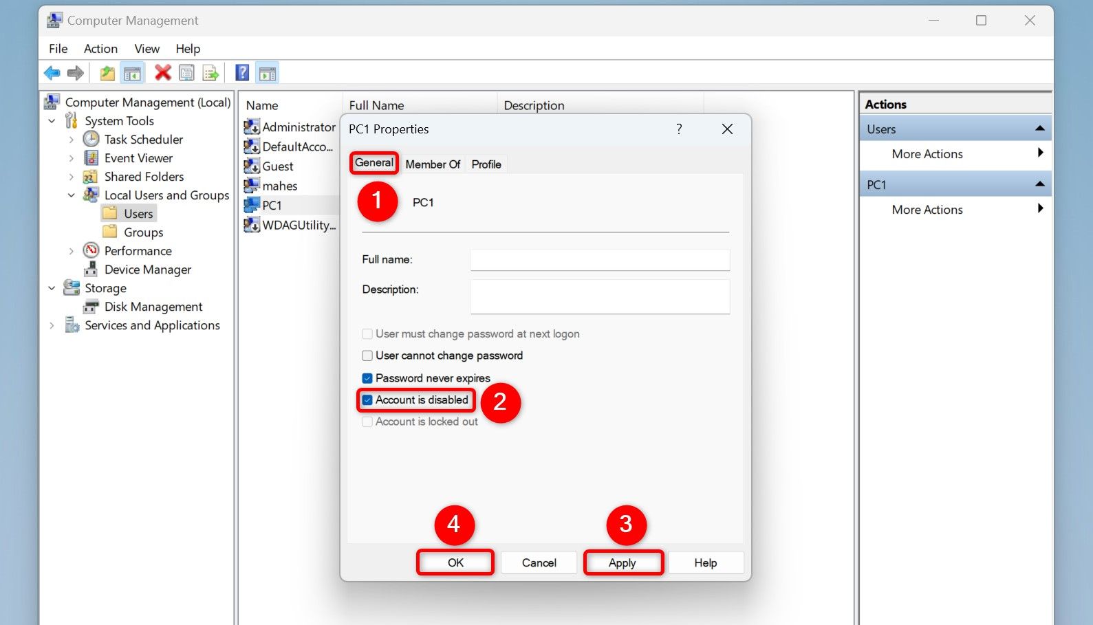 The options to disable an account highlighted in Computer Management.