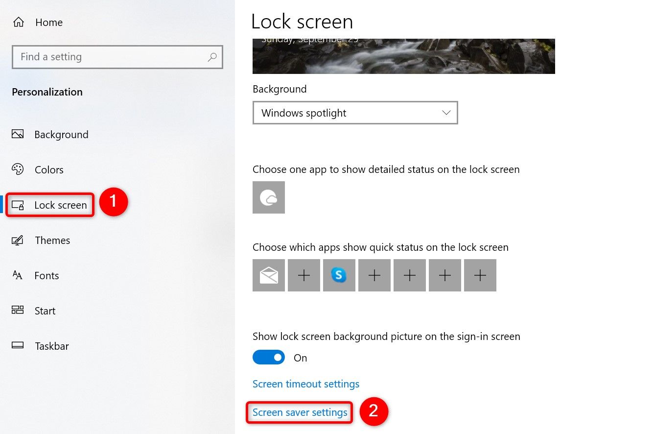 'Lock Screen' and 'Screen Saver Settings' highlighted in Windows 10 Settings.