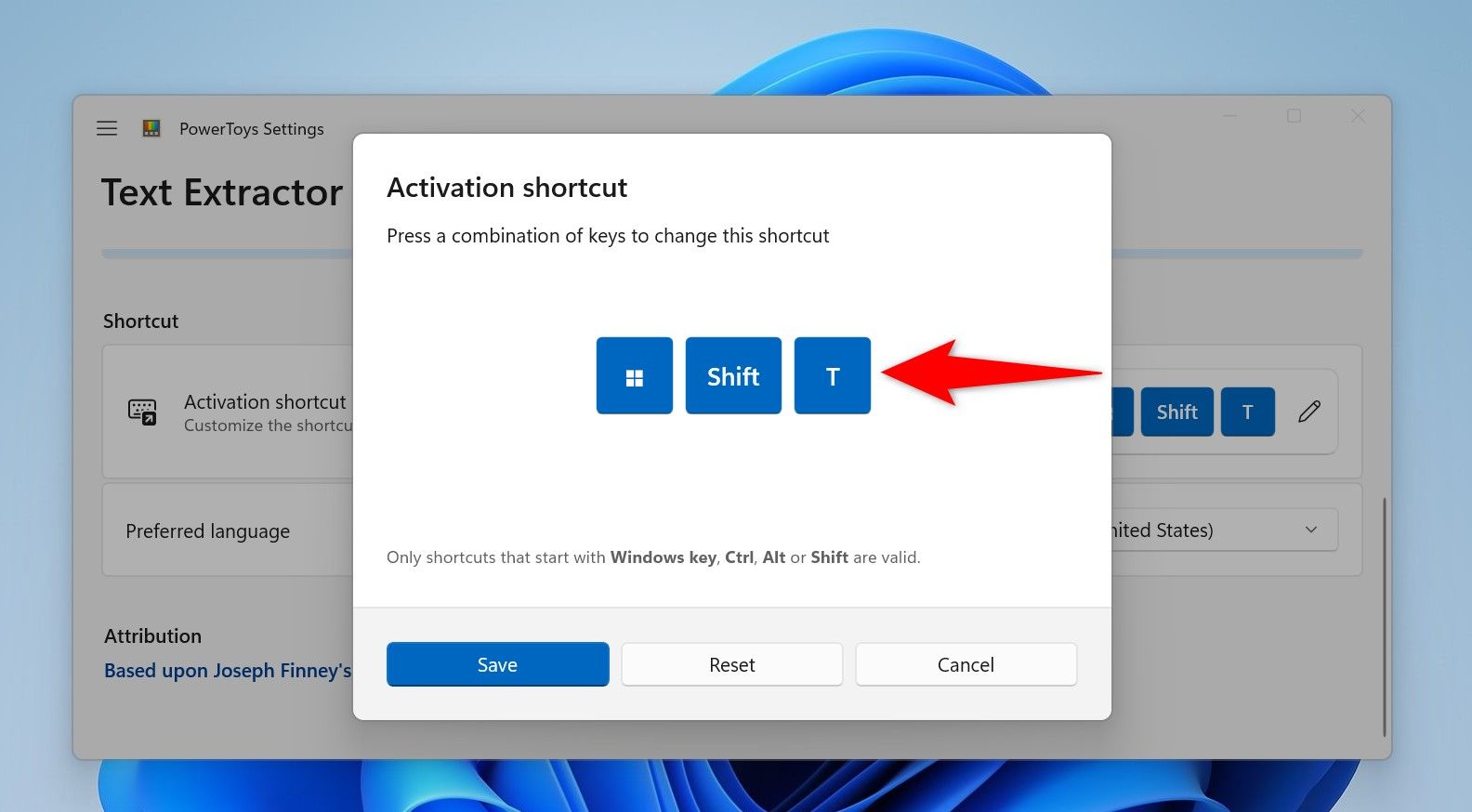 The Text Extractor activation shortcut highlighted in PowerToys.