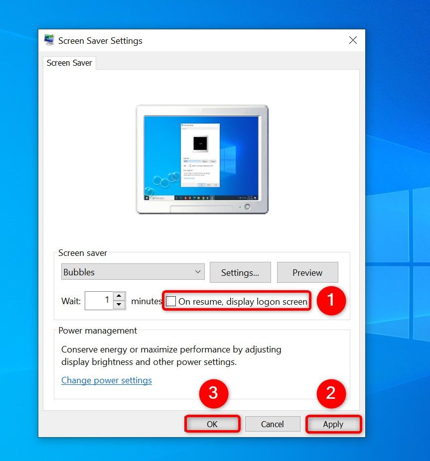 'On Resume, Display Logon Screen,' 'Apply,' and 'OK' highlighted on Windows 10's 'Screen Saver Settings' window.