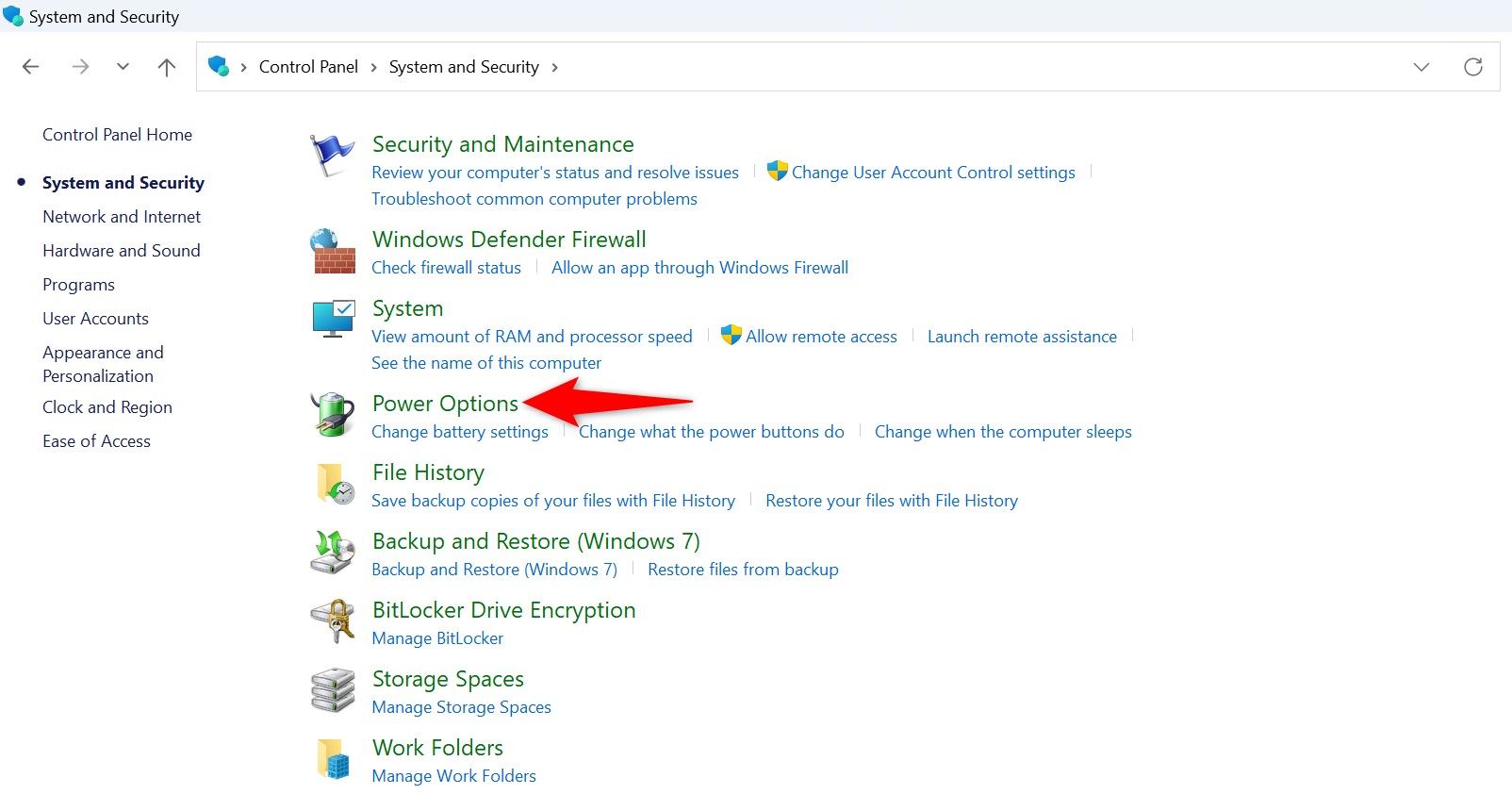 'Power Options' highlighted in Control Panel.