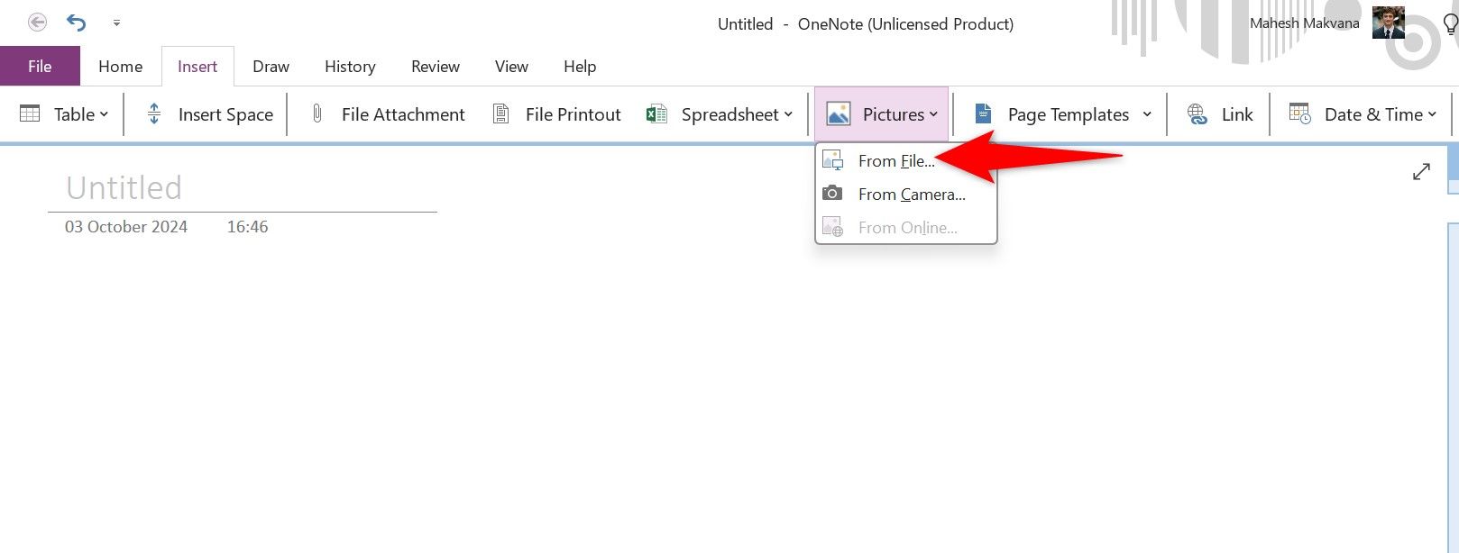 Pictures > From File highlighted in OneNote.