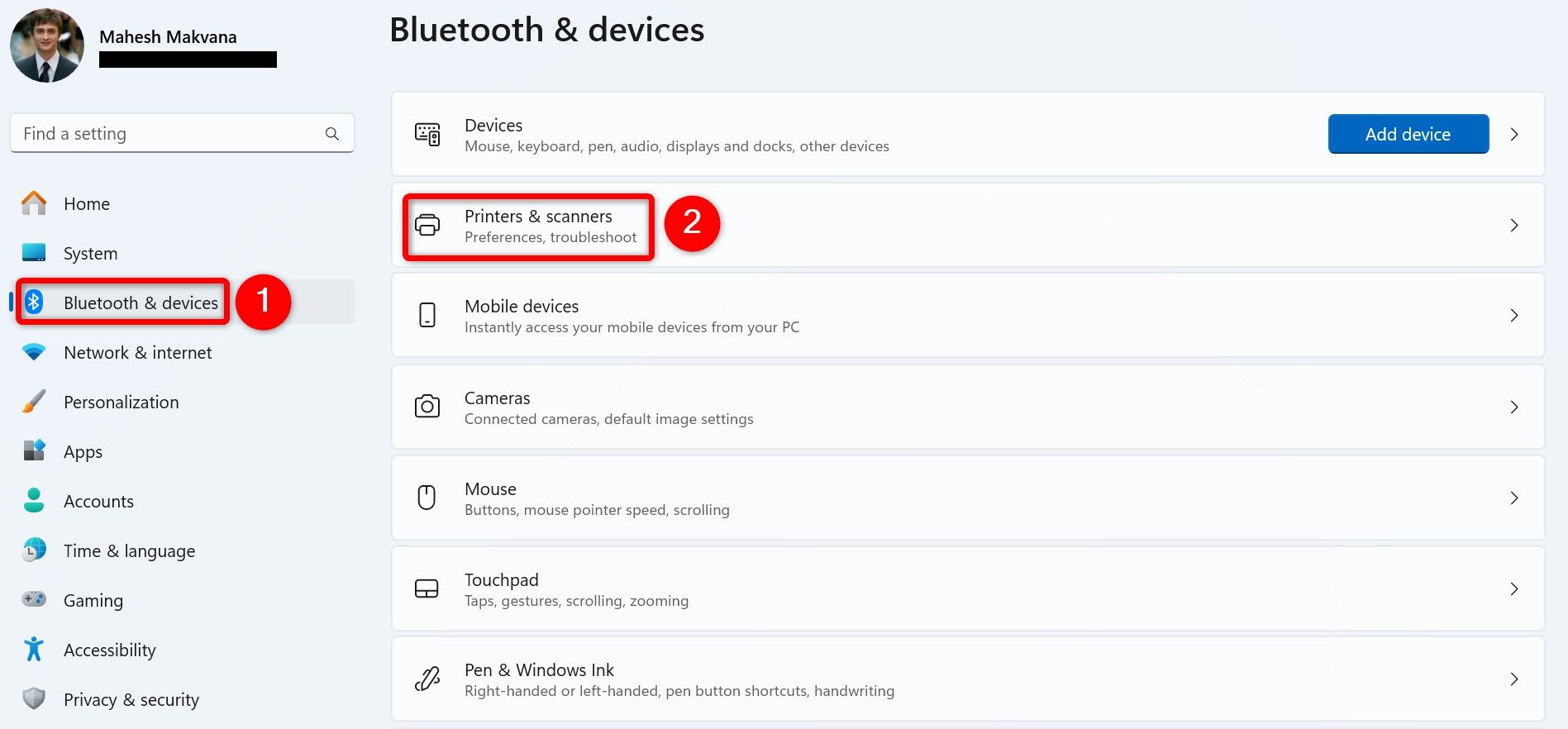 'Bluetooth & Devices' and 'Printers & Scanners' highlighted in Windows 11 Settings.