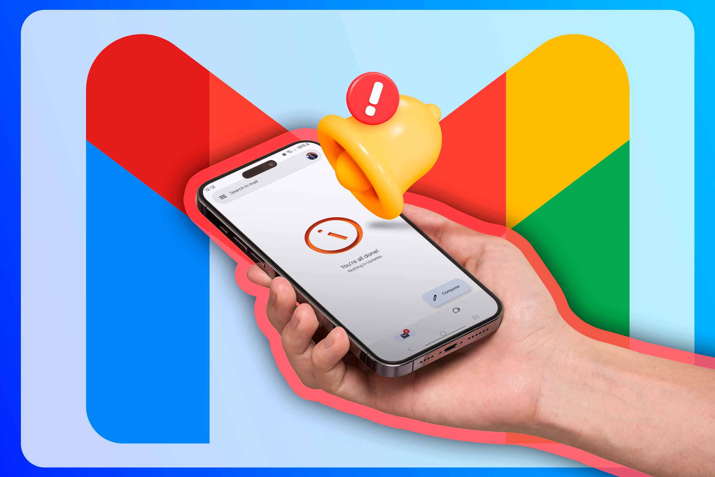 A hand holding a phone with Gmail open, a notification icon with a warning sign, and the Gmail logo in the background.