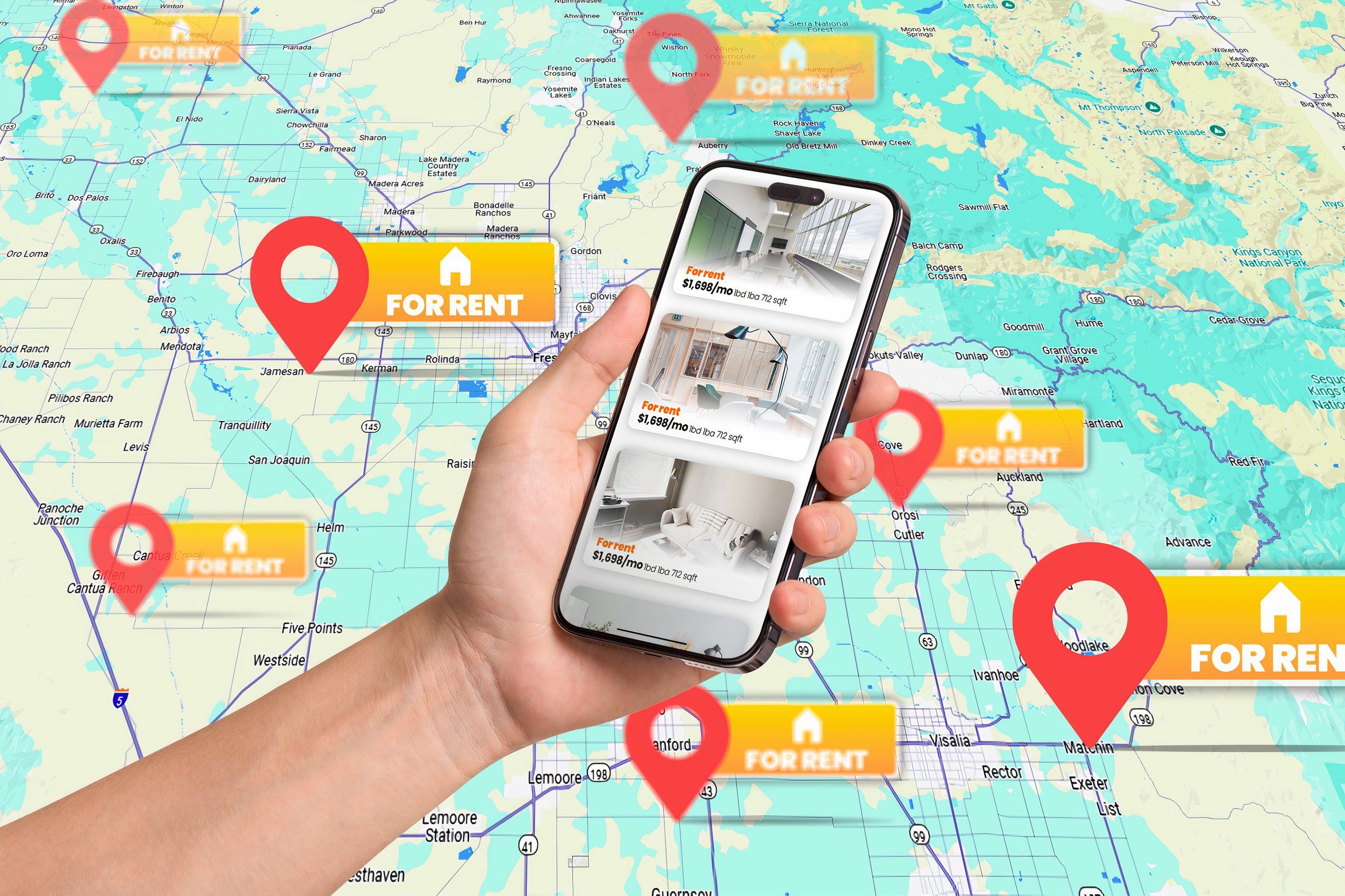 A hand holding a phone with some houses for rent on the screen, and in the background, a map marking several locations available for rental.-2