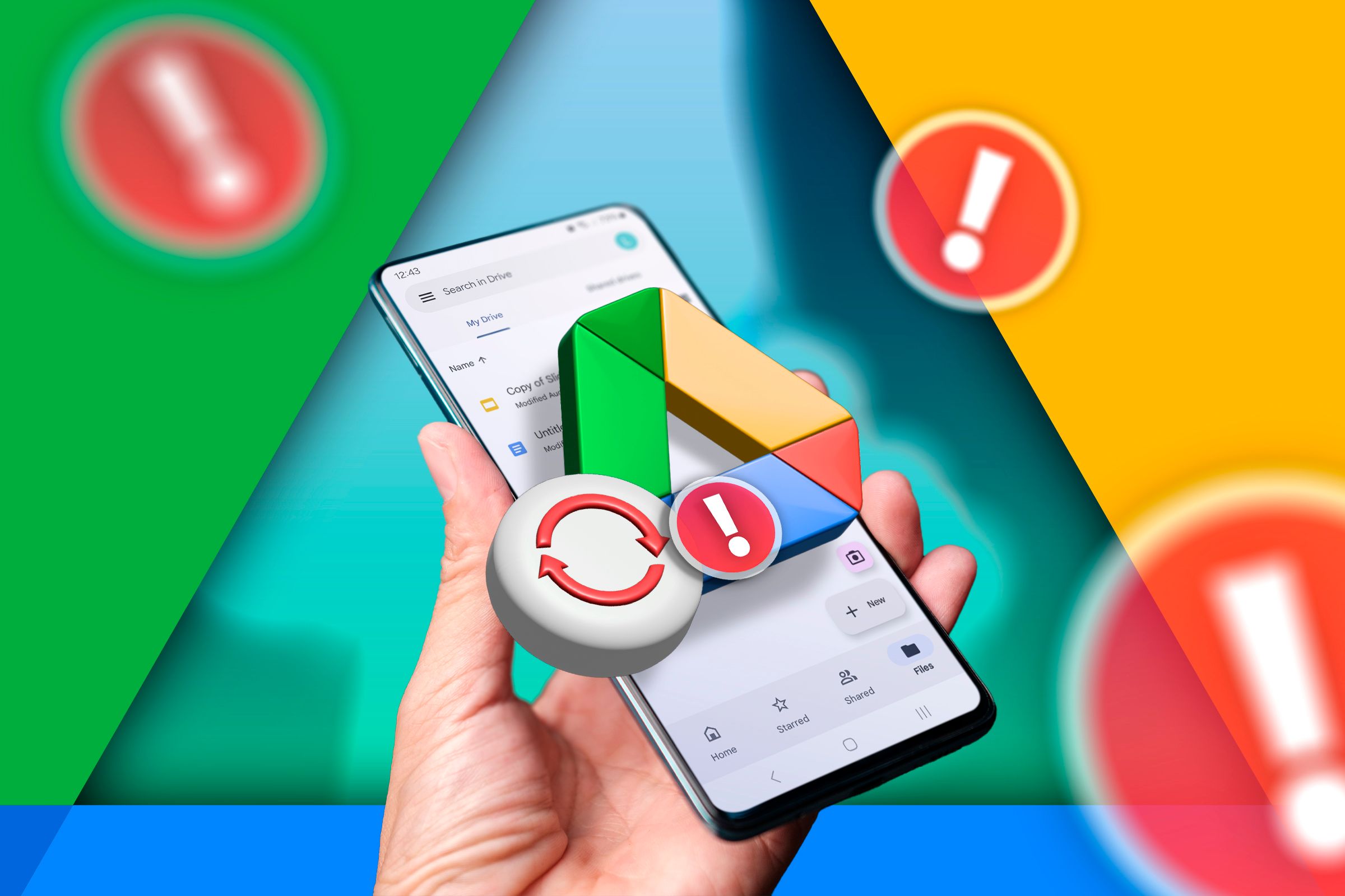 A hand holding a phone with the Google Drive logo and a sync icon with a warning sign.