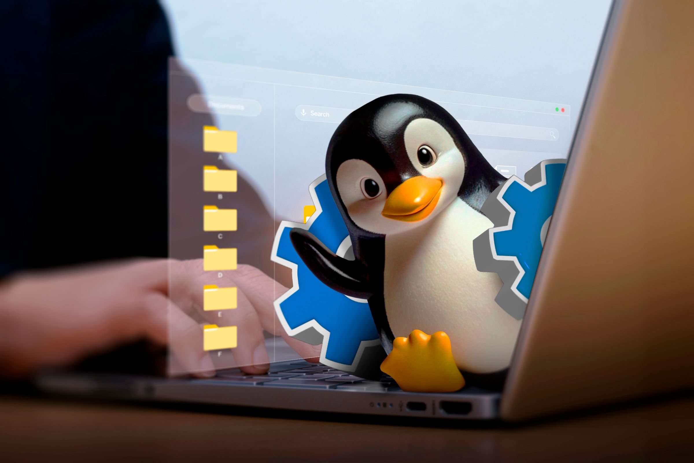 A hand using a laptop and Linux mascot coming out of the screen with a gear and some files behind.