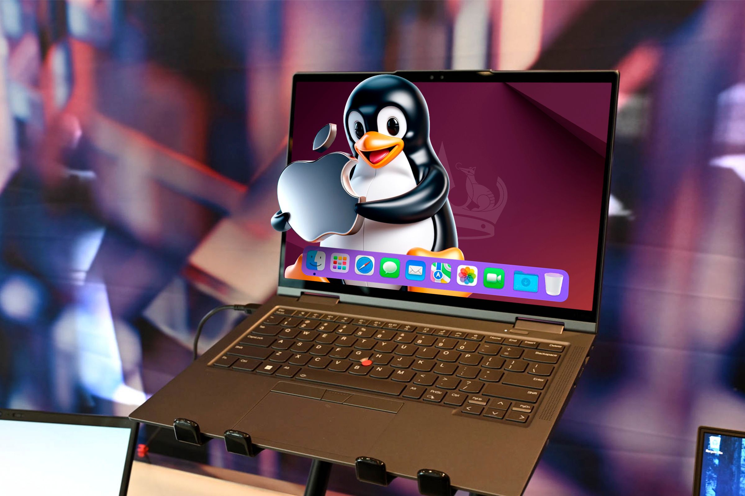 A laptop with the macOS dock and a Linux wallpaper featuring Tux holding the Apple logo.