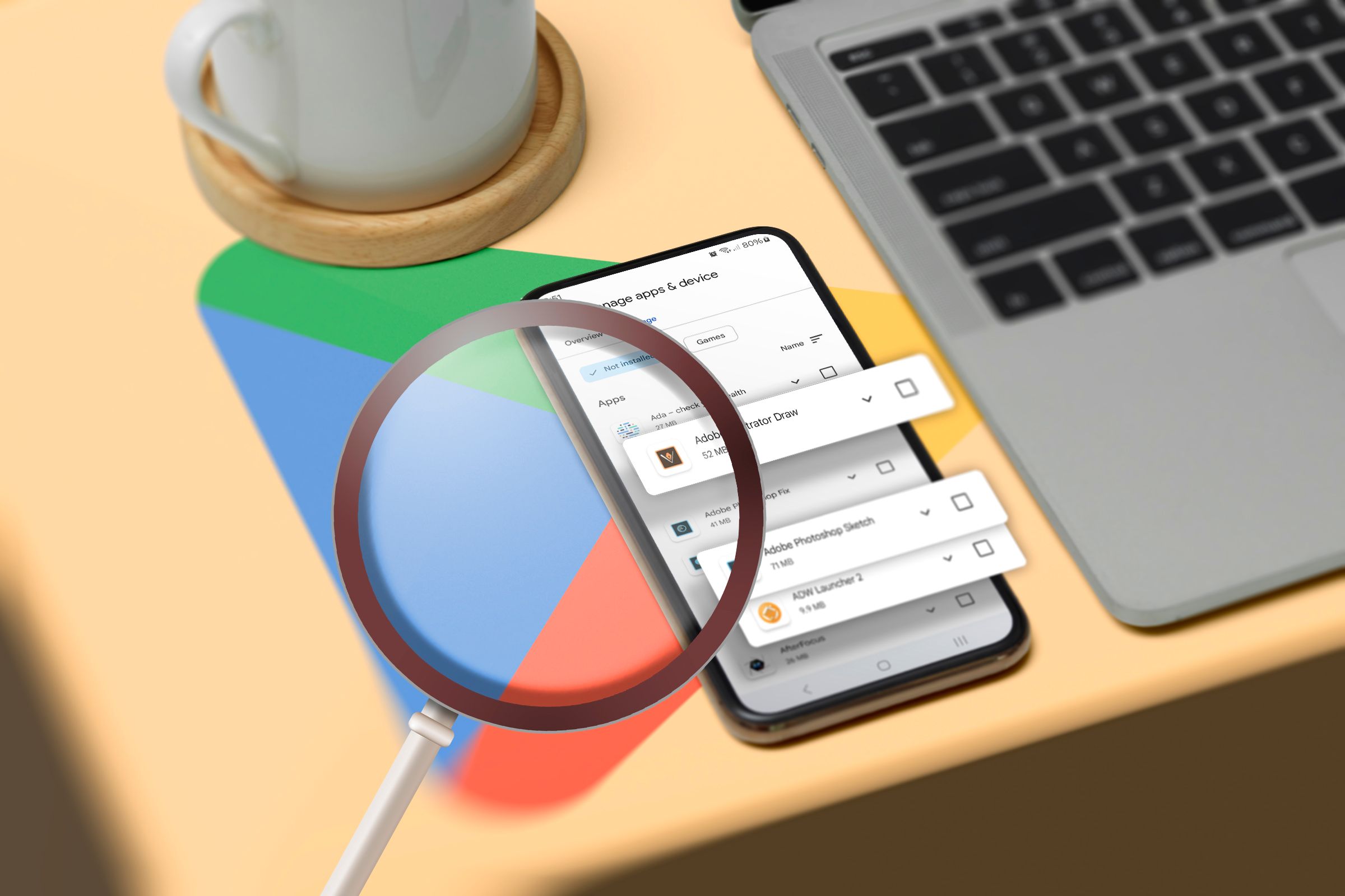 A magnifying glass pointing at a phone with the Play Store screen displaying some apps that are not installed on the device.