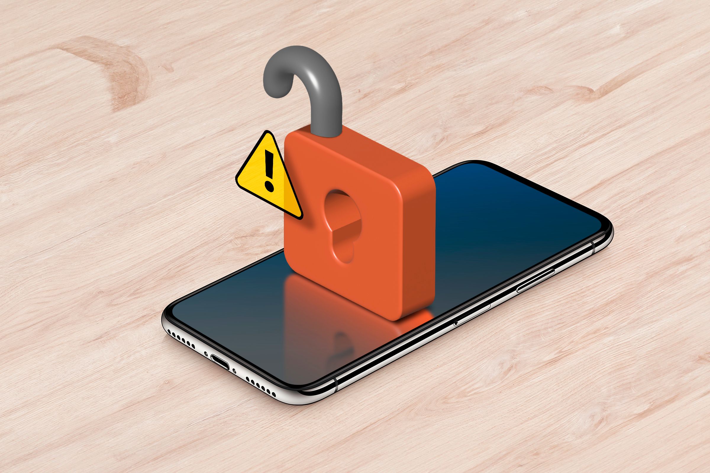 A phone on a wooden surface, a lock above the screen, and a warning sign.