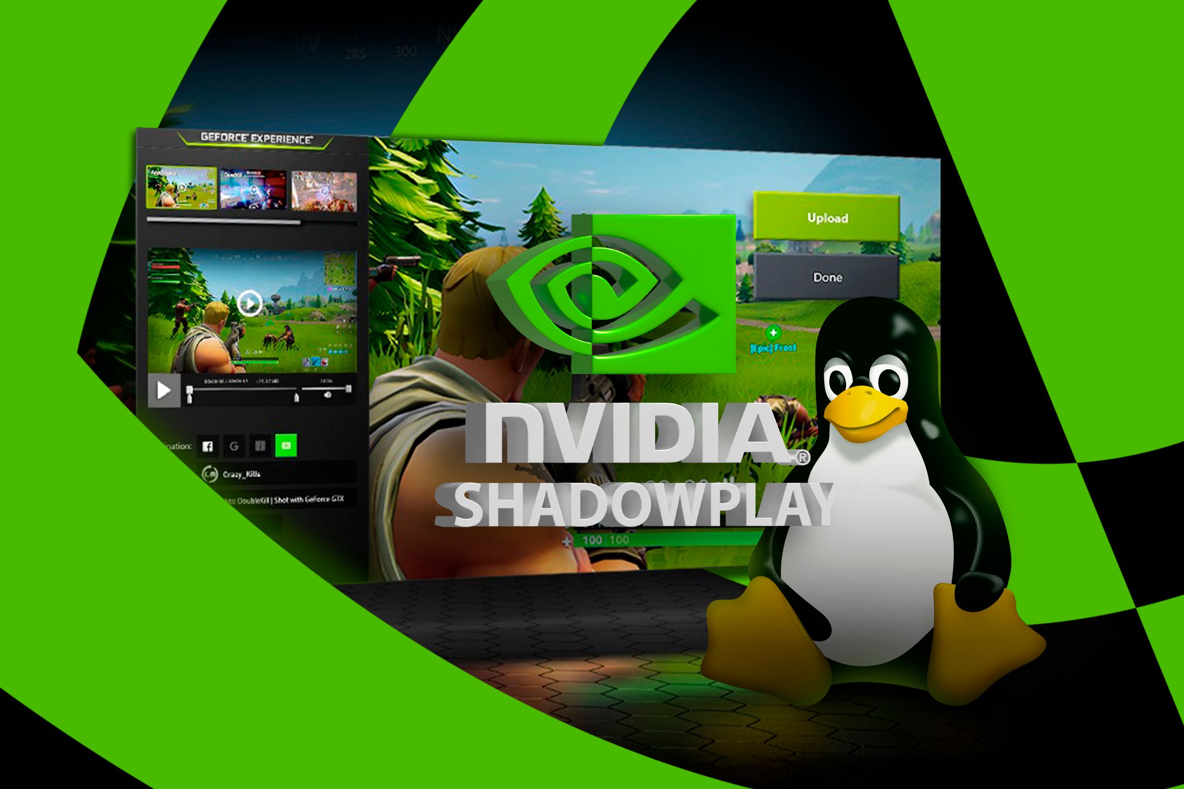 A screenshot of Nvidia ShadowPlay, the logo in the center, and the Linux mascot beside it.