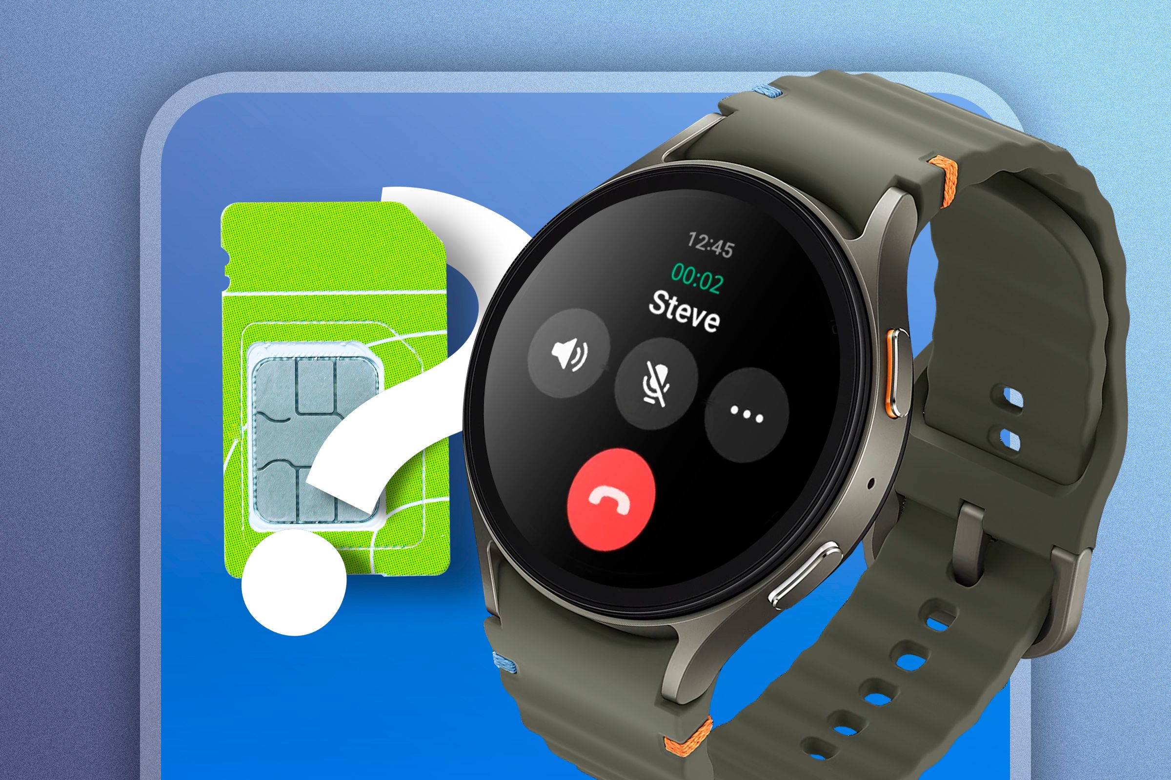 A smartwatch with a call, and next to it, a SIM card with a question mark.