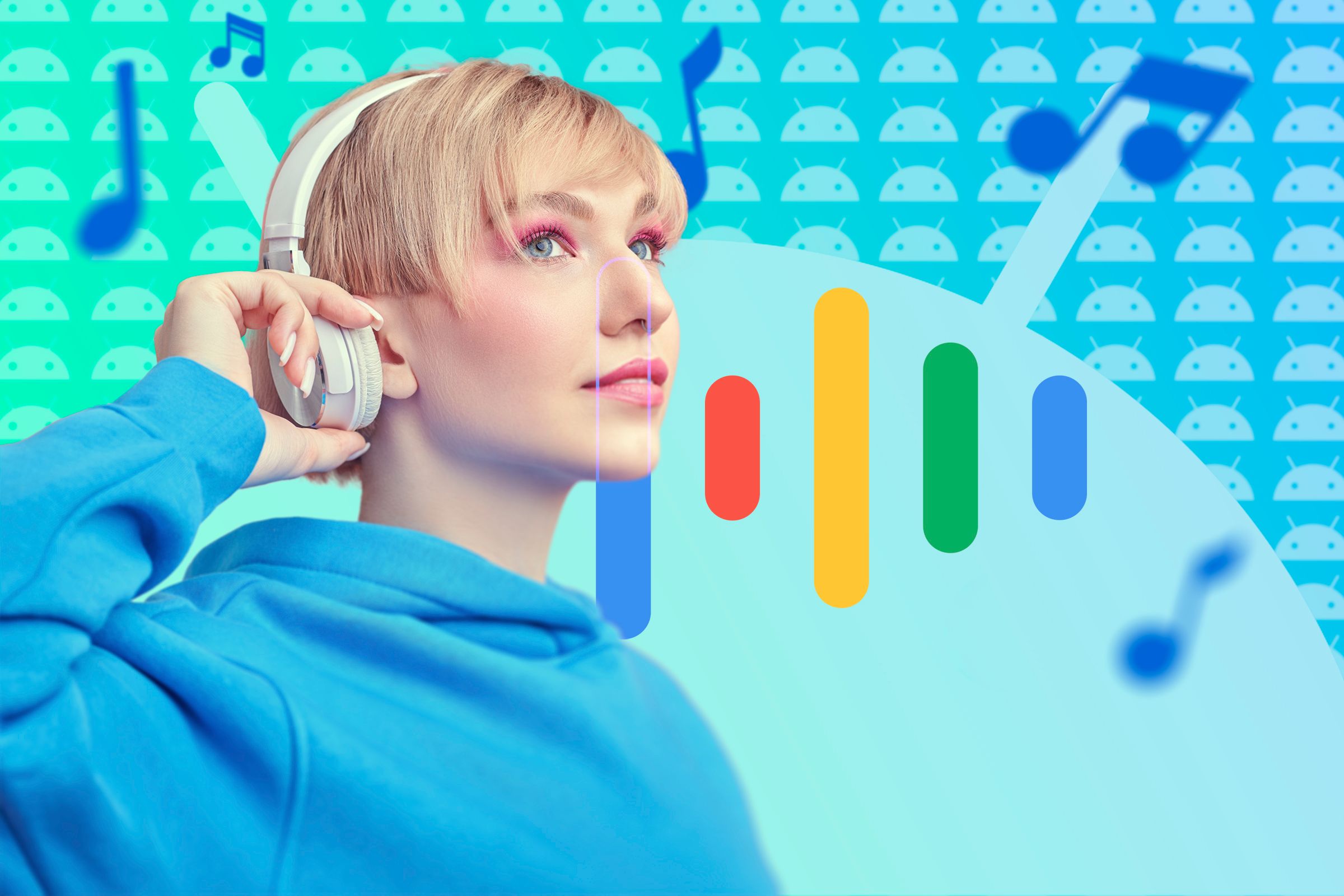 A woman listening to music with her headphones, music note icons around, and several Android logos in the background.