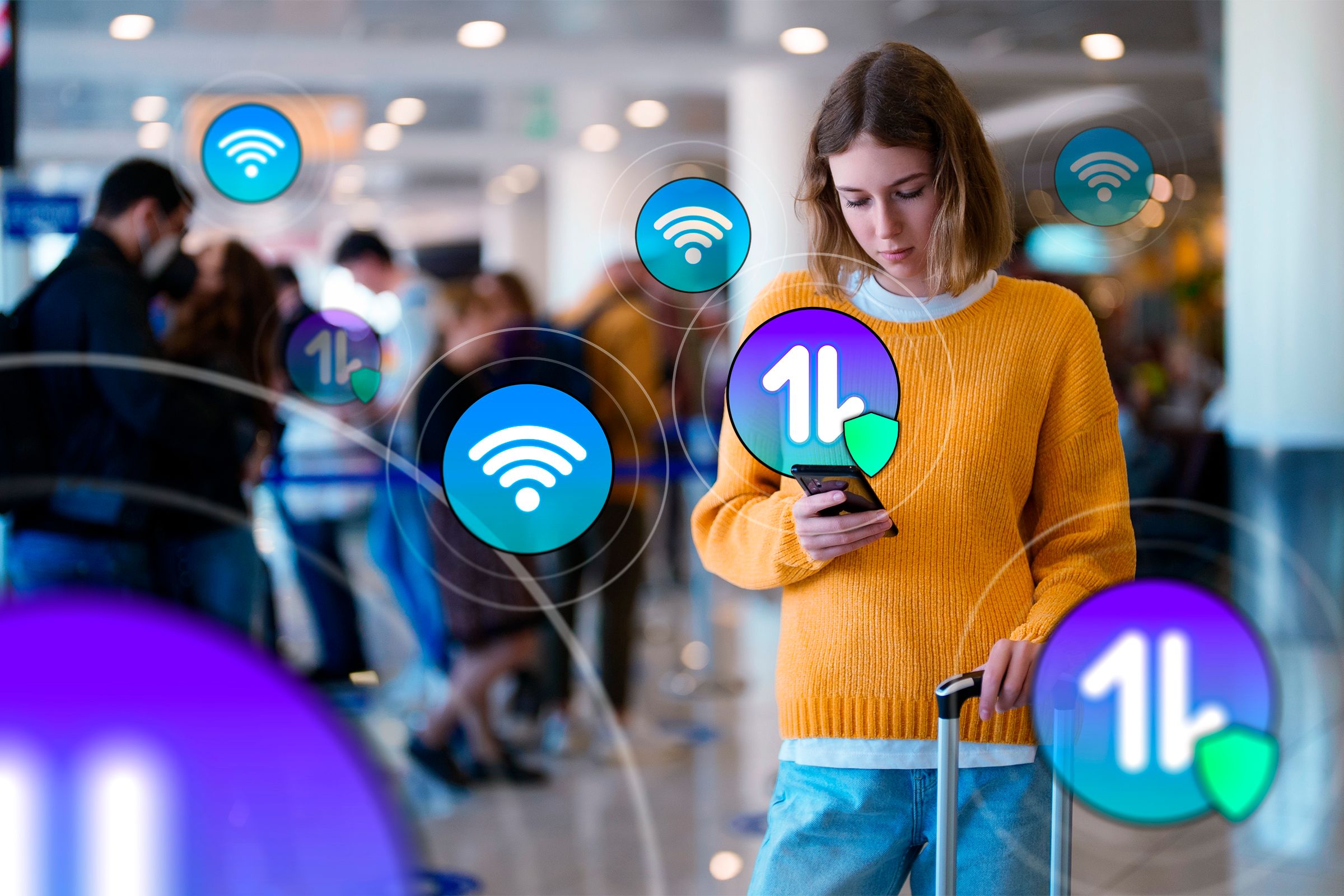 A woman using her phone in an airport with several Wi-Fi and cellular data icons around her.