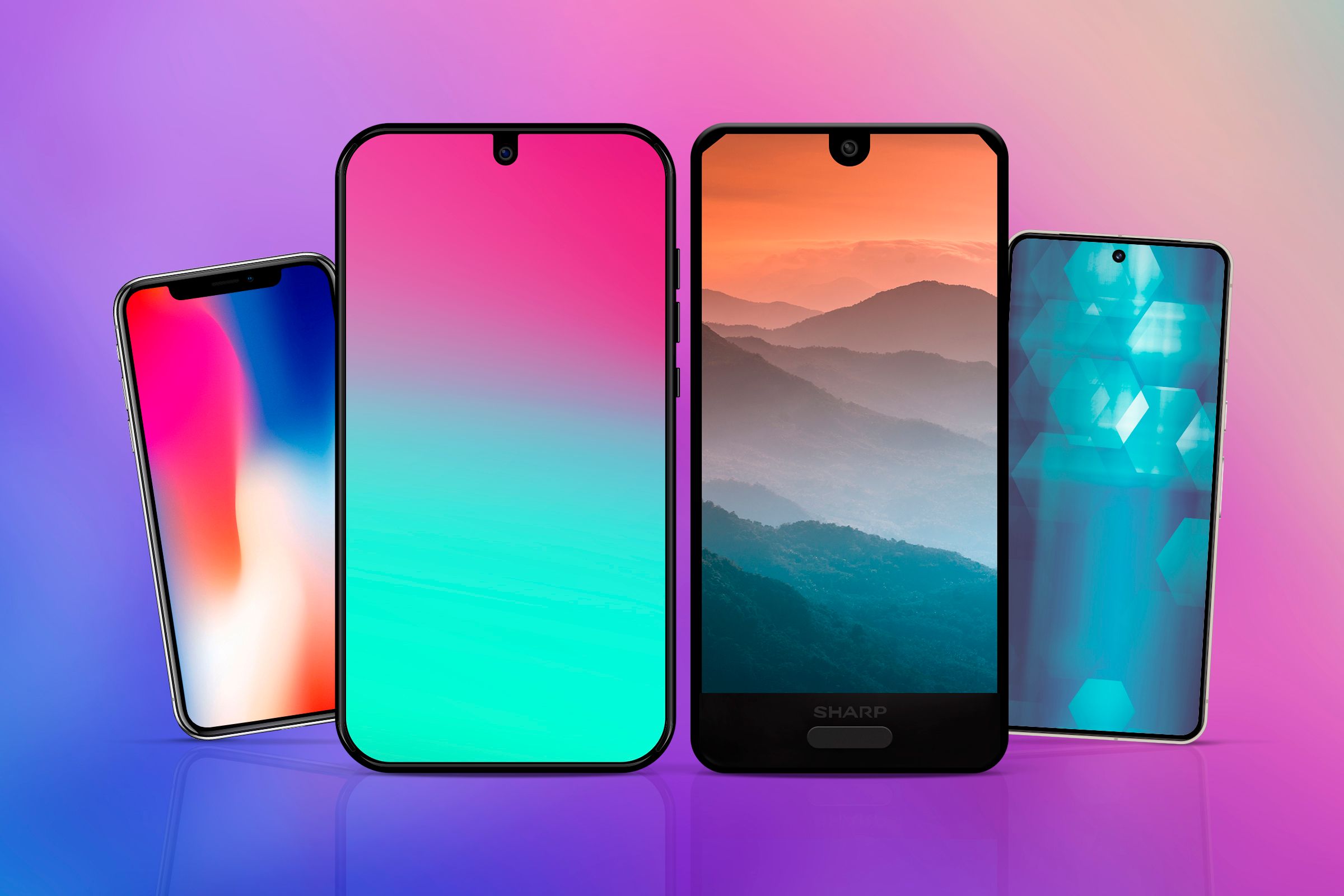 An iphone, an Essencial Phone, a Sharp Aquo s2,  and a Google Pixel 8, side by side, to show the notch