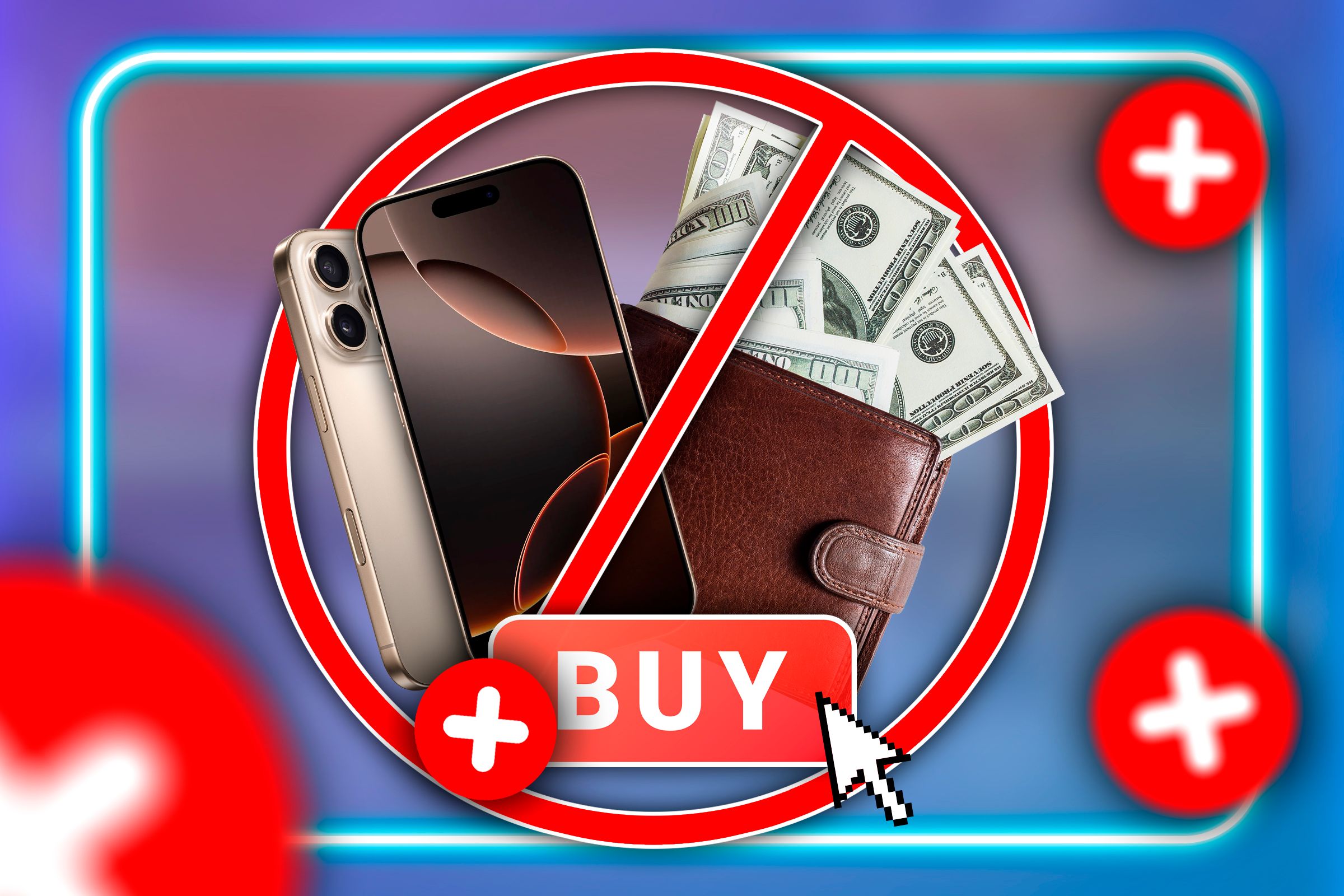 An iPhone with a wallet full of money next to it and a cursor on a buy button with an 'x' over it.