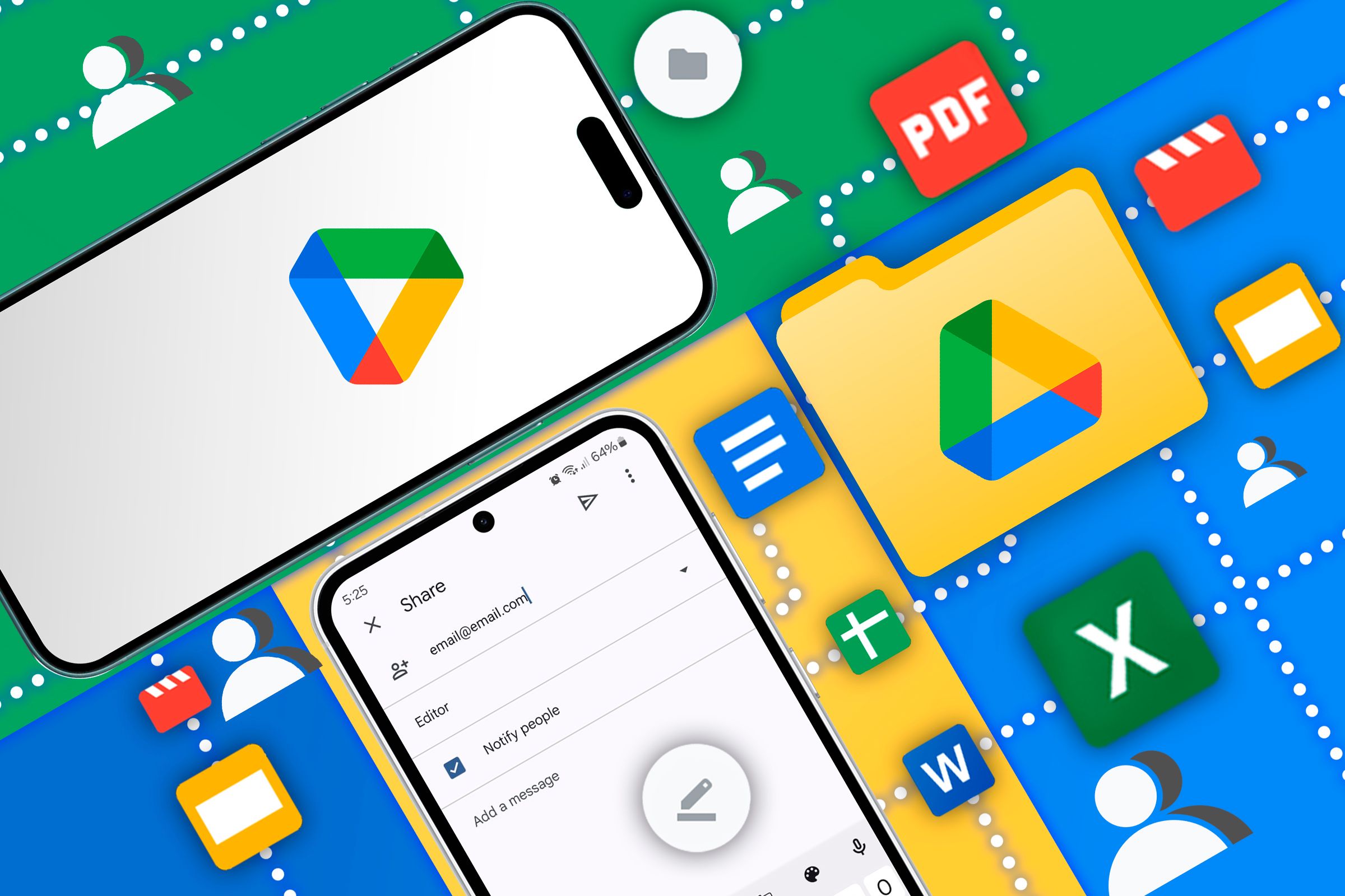 An iPhone with the Google Drive logo and an Android on the folder sharing screen, with the Drive logo next to it and several Google Workspace icons.