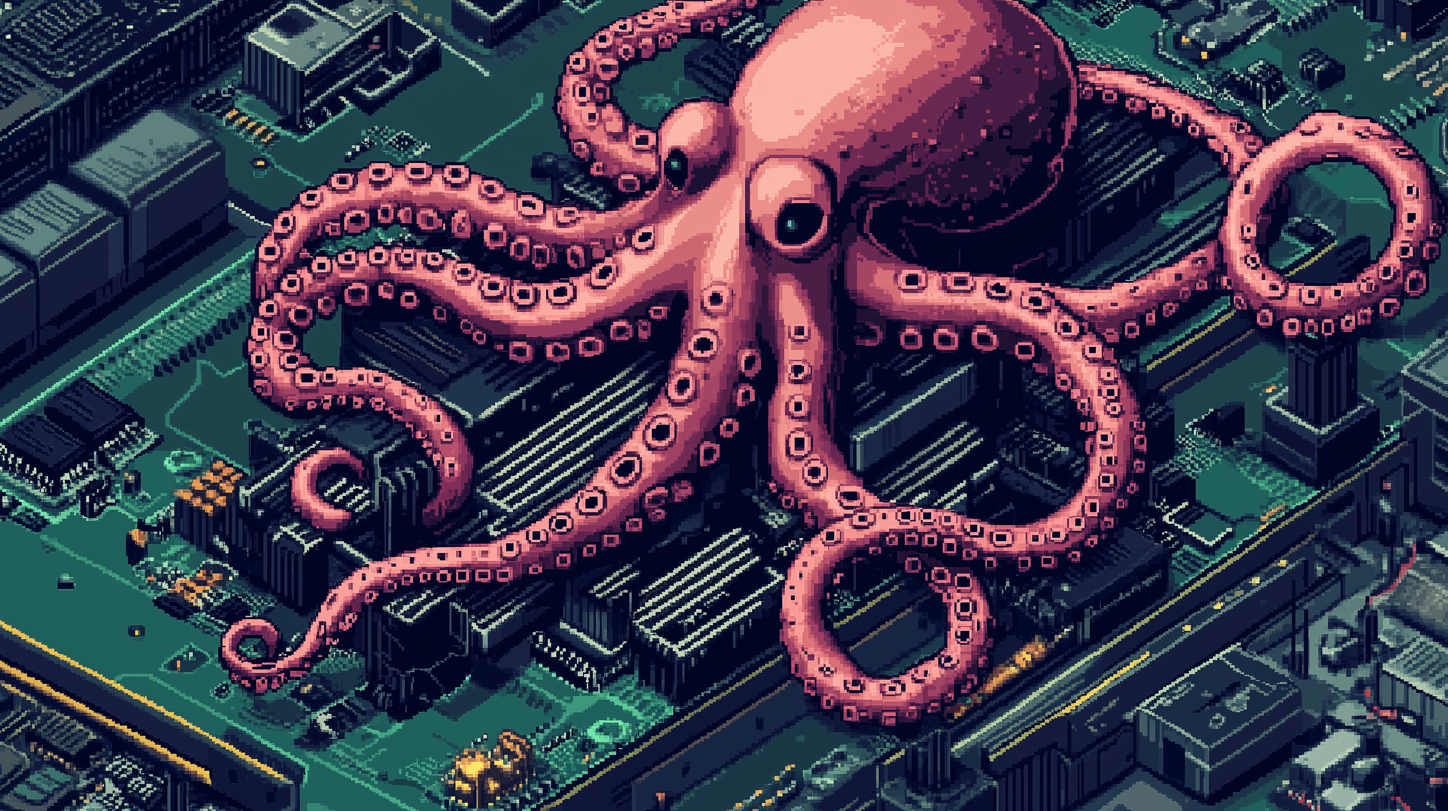 An octopus on a motherboard pixel art.