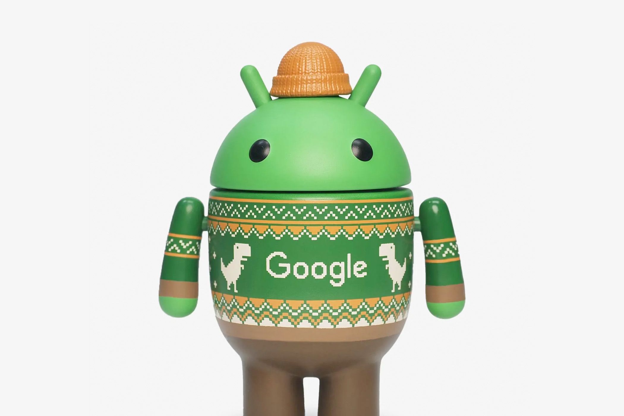 An Android figure with a holiday sweater and beenie.