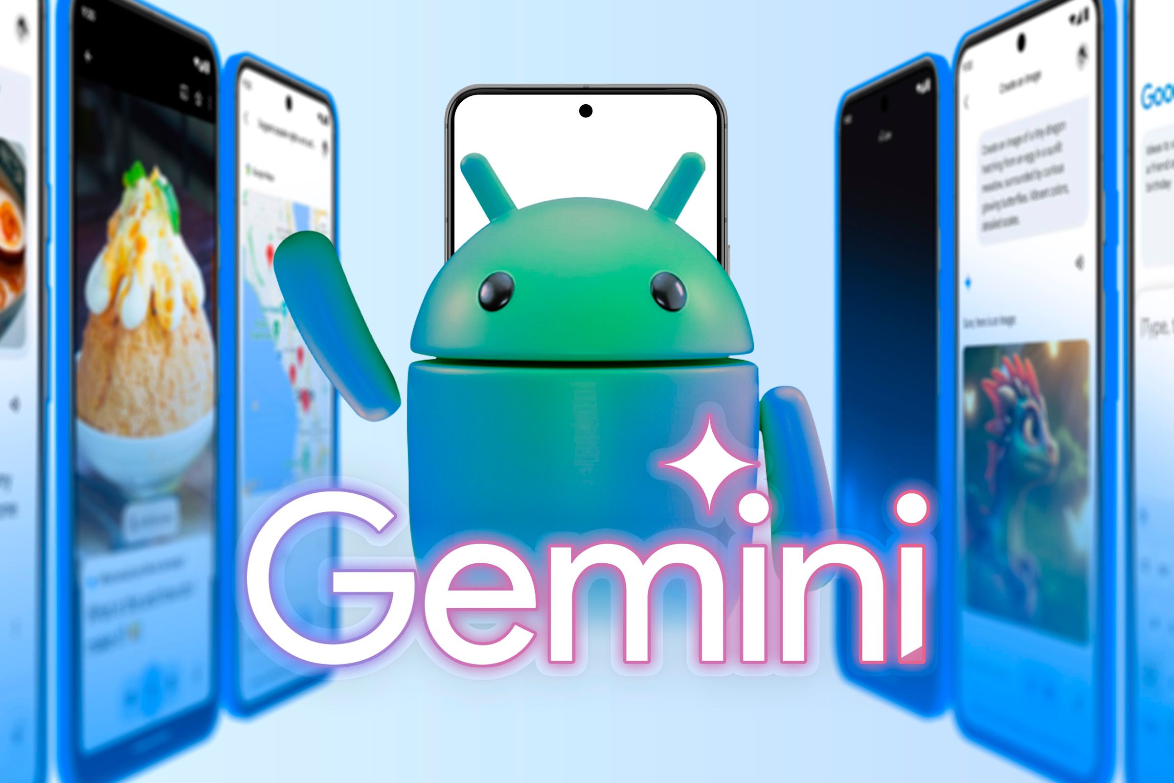 Android mascot with the Gemini logo and some screenshots beside it.