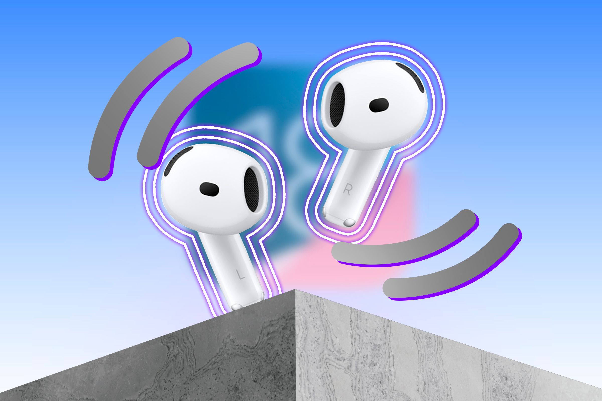 Two AirPods on a surface with a symbol representing a gesture, with the iOS 18 logo blurred in the background.