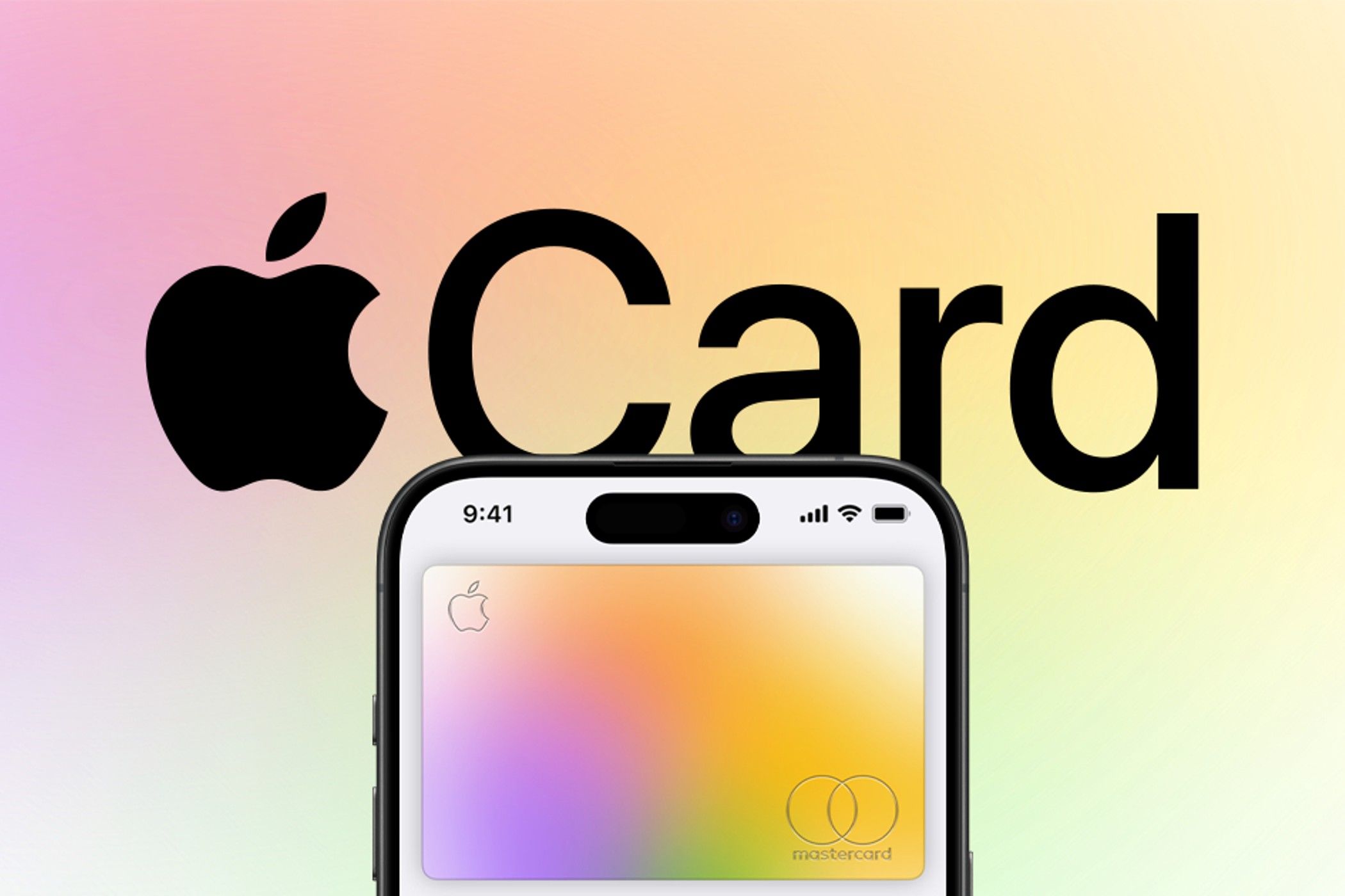 An apple card on a phone display with rainbow coloring and two intertwining circles.