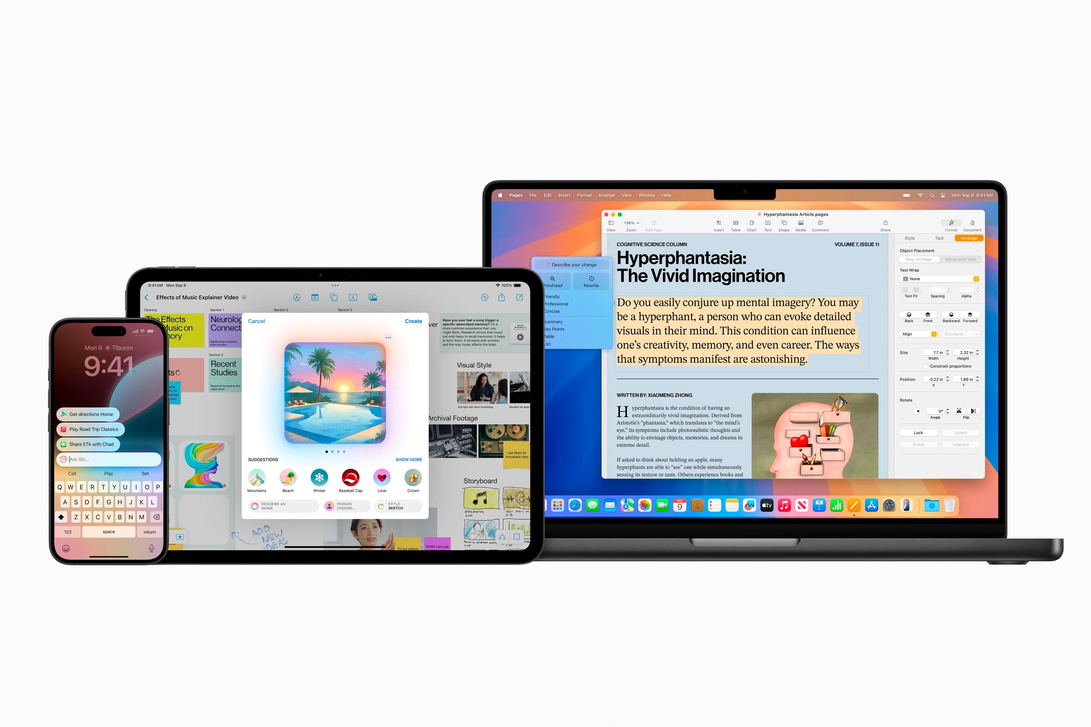 iPhone, iPad, and Mac showcasing Apple Intelligence features.