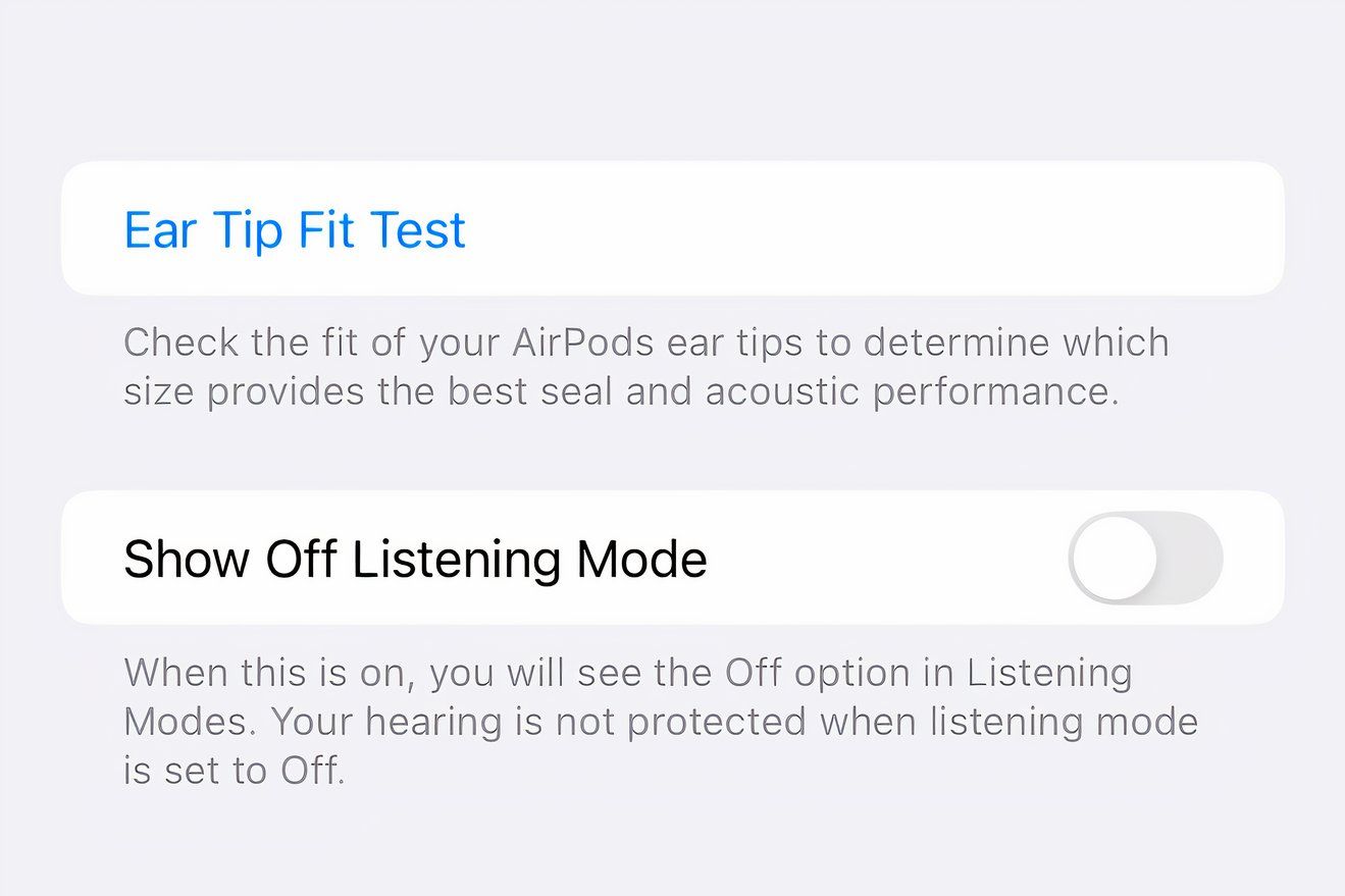 The Show Off Listening Mode toggle in the AirPods settings on iPhone