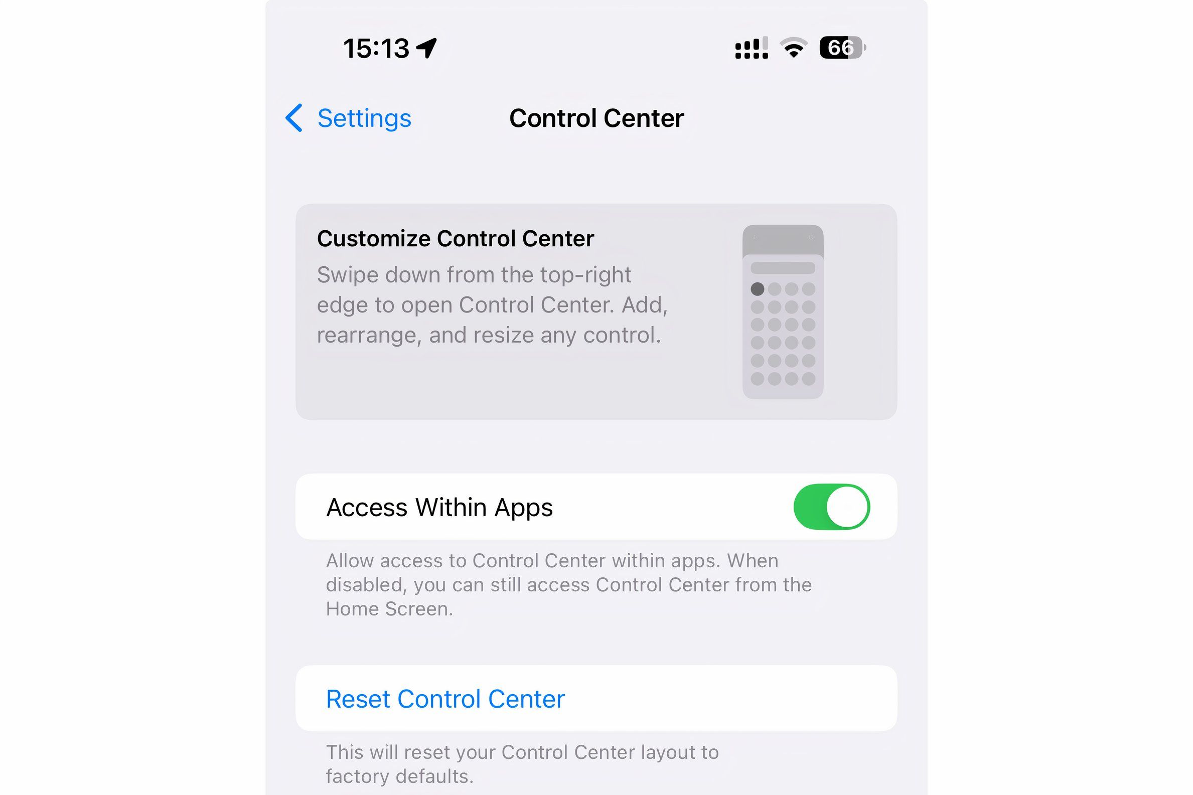 Control Center settings on iPhone.