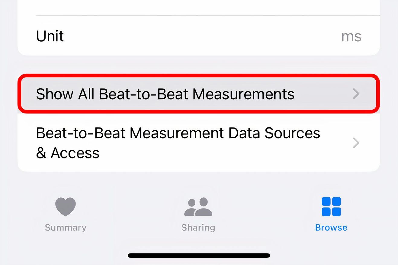 Closeup of the annotated Show All Beat-to-Beat Measurements option in the heart rate variability section on the iPhone's Health app.