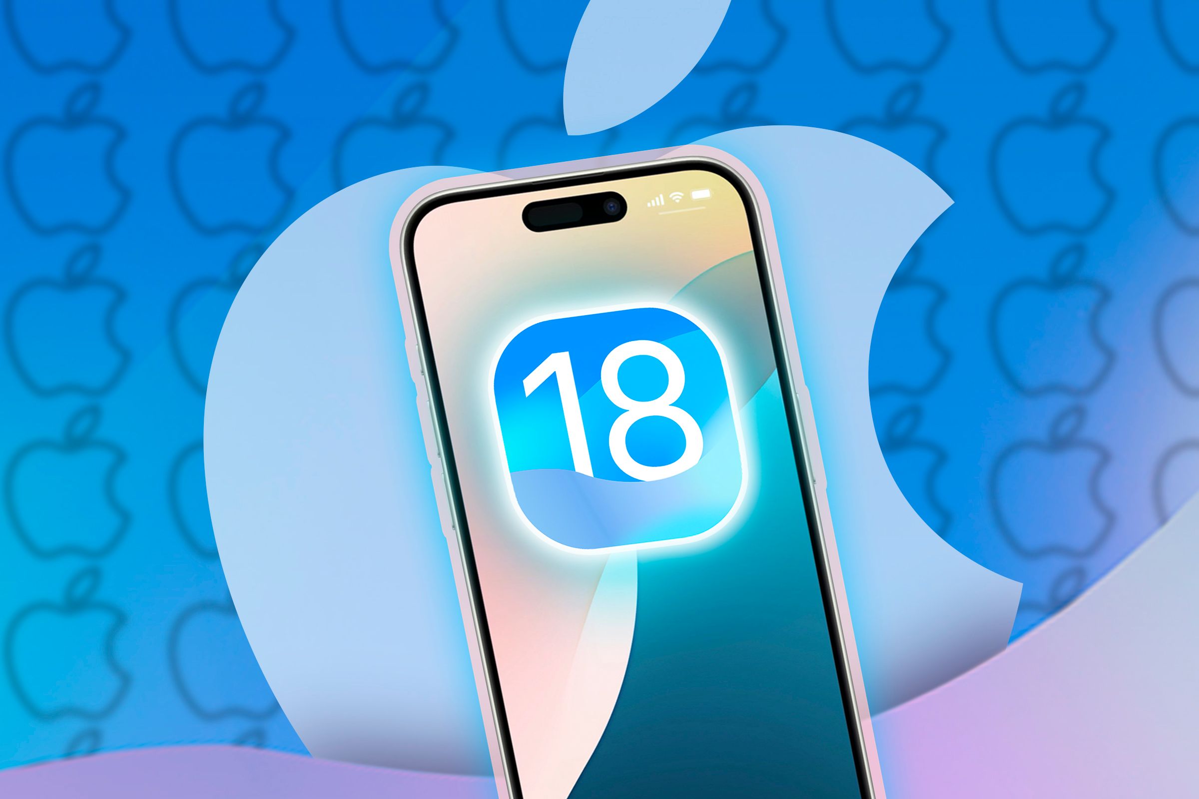 An iPhone displaying an iOS 18 icon, set against a big Apple logo and the Apple logo pattern in the background..