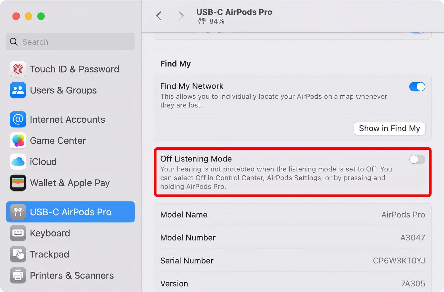 The annotated Off Listening Mode switch is turned off in the AirPods settings on a Mac.