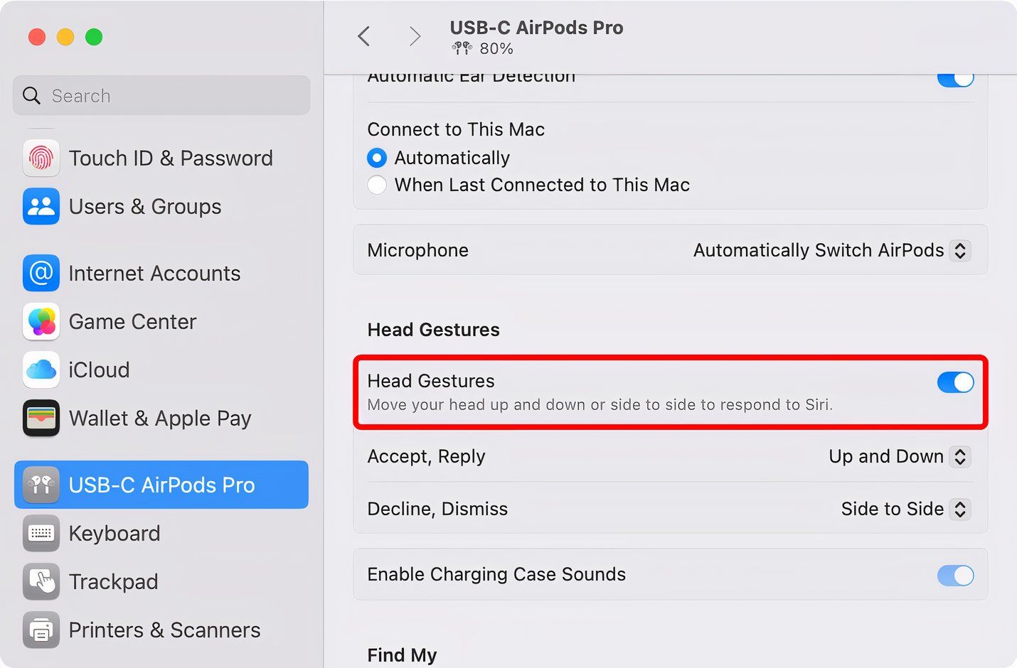 The annotated Head Gestures switch is turned on in the AirPods settings on macOS.