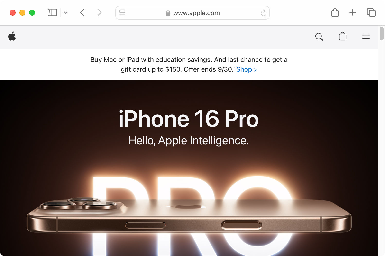 Apple's home page showing a short promo banner at the top of the page.