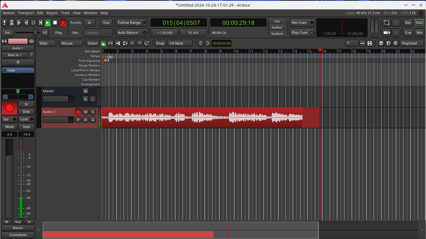 Ardour DAW in the process of recording an audio track.