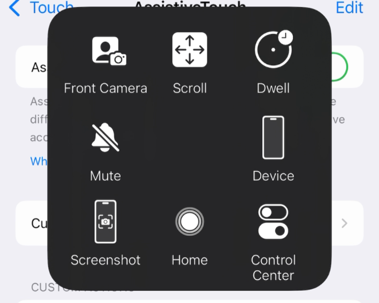 Screenshot of the AssistiveTouch menu on iPhone 16.