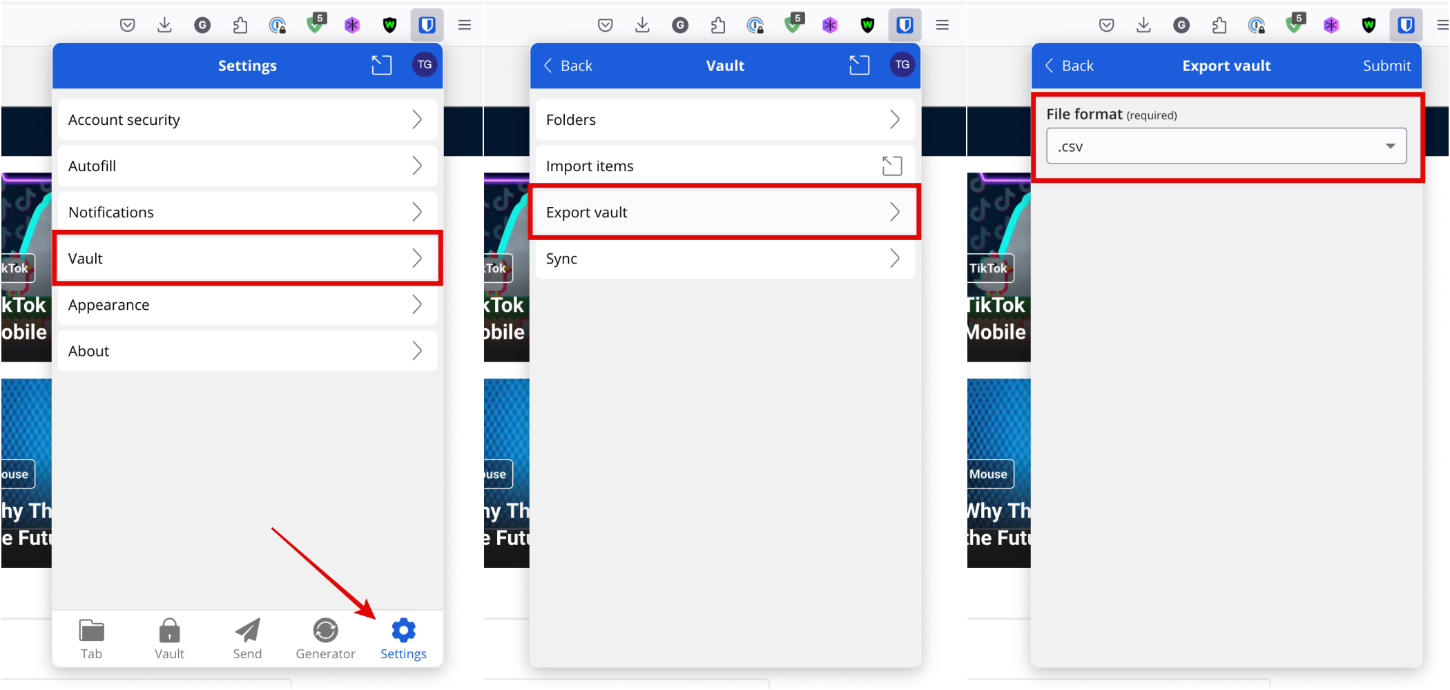 Export passwords using the Bitwarden browser extension.