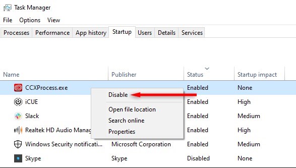 Disable CCXProcess.exe from the Task Manager